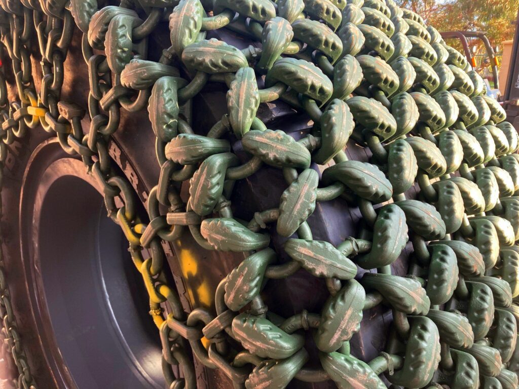 Close up image of World First Chain Ready Underground mining tyre designed by Tradefaire International, BKT Tyres and Macmahon