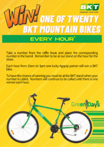 BKT and Tradefaire poster promoting Mountain Bike Raffle at AgQuip Field Day event