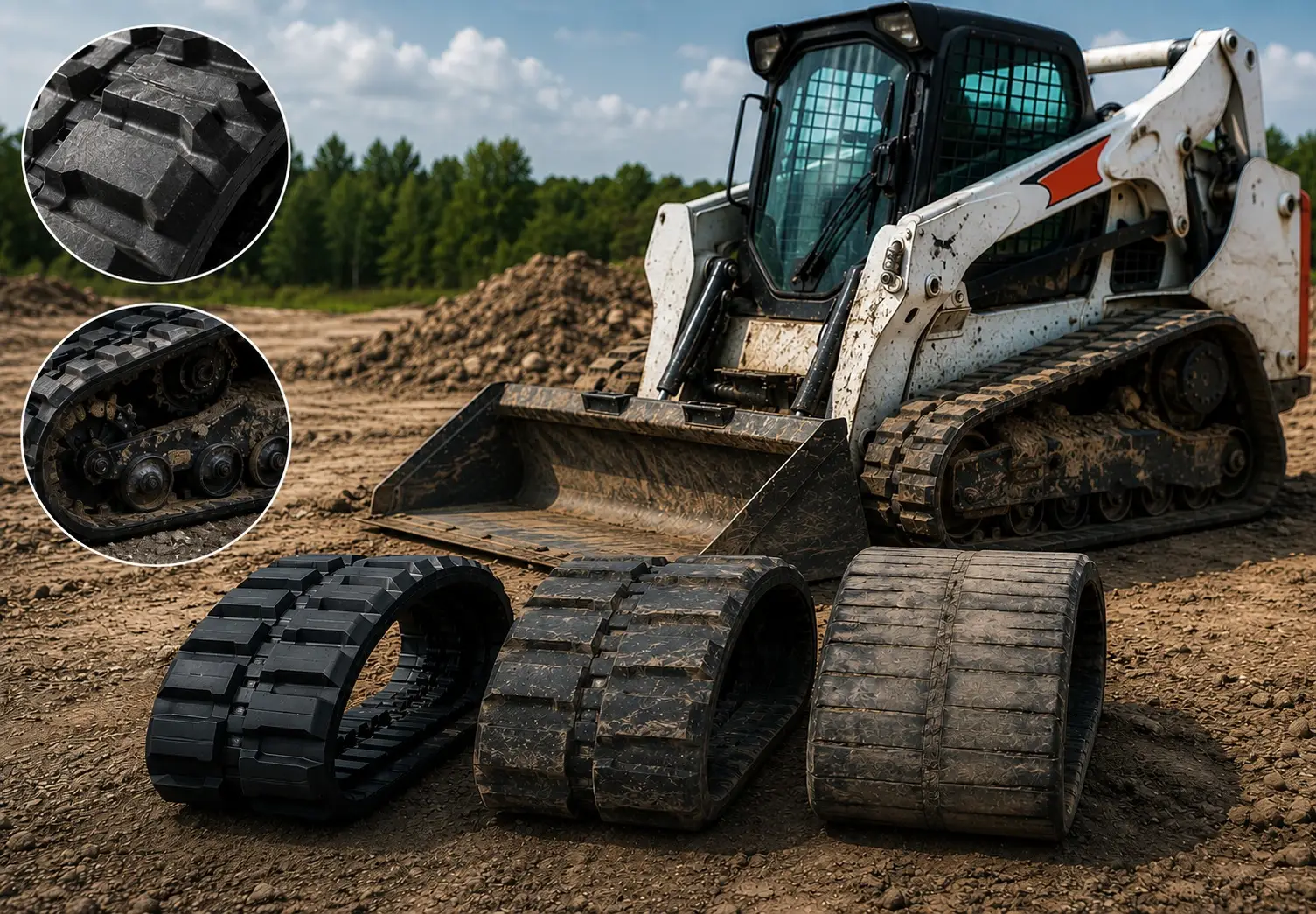 Compact track loader with new and worn rubber tracks illustrating CTL track lifespan and wear comparison
